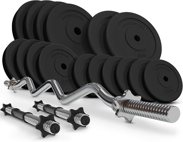 Physionics® Bars & Weights - 36/56/76 kg Set, Steel EZ Curl Bar (120 cm / Ø 30 mm), 2 Dumbbell Bars & Plastic Coated Weight Plates (Ø 31 mm) - Fitness Set for Home Gym, Weightlifting, Powerlifting