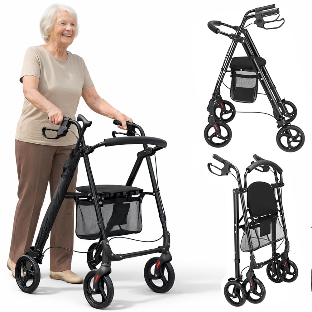 BAKAJI Andador plegable y ahorra espacio con asiento y bolsa de red portaobjetos, Walker Rollator con soporte para paraguas, ideal para personas mayores, discapacitados y personas con movilidad