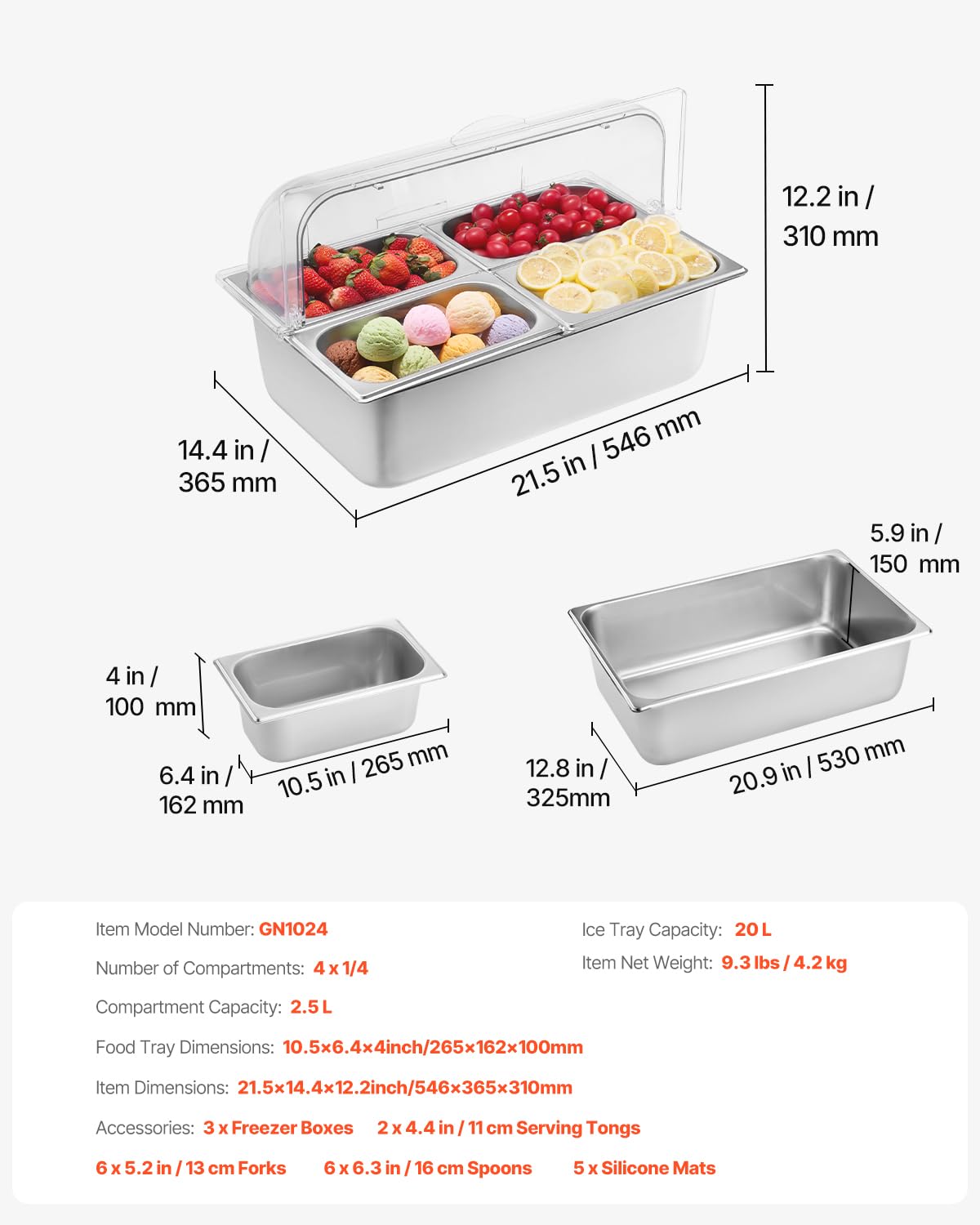 VEVOR Contenitore Espositivo per Servire Cibo da Banco, Vassoio per Servire Cibo in Acciaio Inox 4 Teglie, Espositore per Dispensatori di Condimenti a Buffet con 3 Contenitori per Congelatore