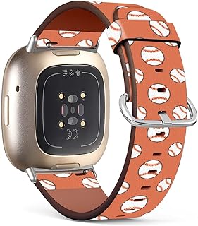 Mingdao Compatible with Fitbit Sense 2 / Sense / Versa 4 / Versa 3 Patterned Leather Replacement Band (Baseball Pattern On Living Coral Orange)