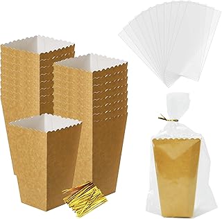 SINGOMON 50PCS Kraft Paper Popcorn Boxes Popcorn Containers Popcorn Buckets Popcorn Bags Triangular Cone French Fries Snack Boxes with 50 Clear Packing Bags for Home Movie Night Theaters Amusement Parks Concession Stands