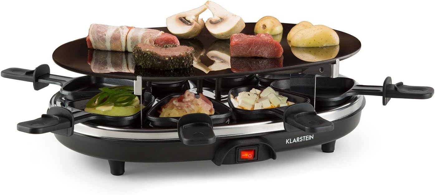 Klarstein Blackjack Raclette Grill 2-in-1 Appliance - For 8 People, 900W, Power Heat, Glass & Ceramic, Non-Stick Coating, Round Design, Low-Fat Grilling, Elegant, Black