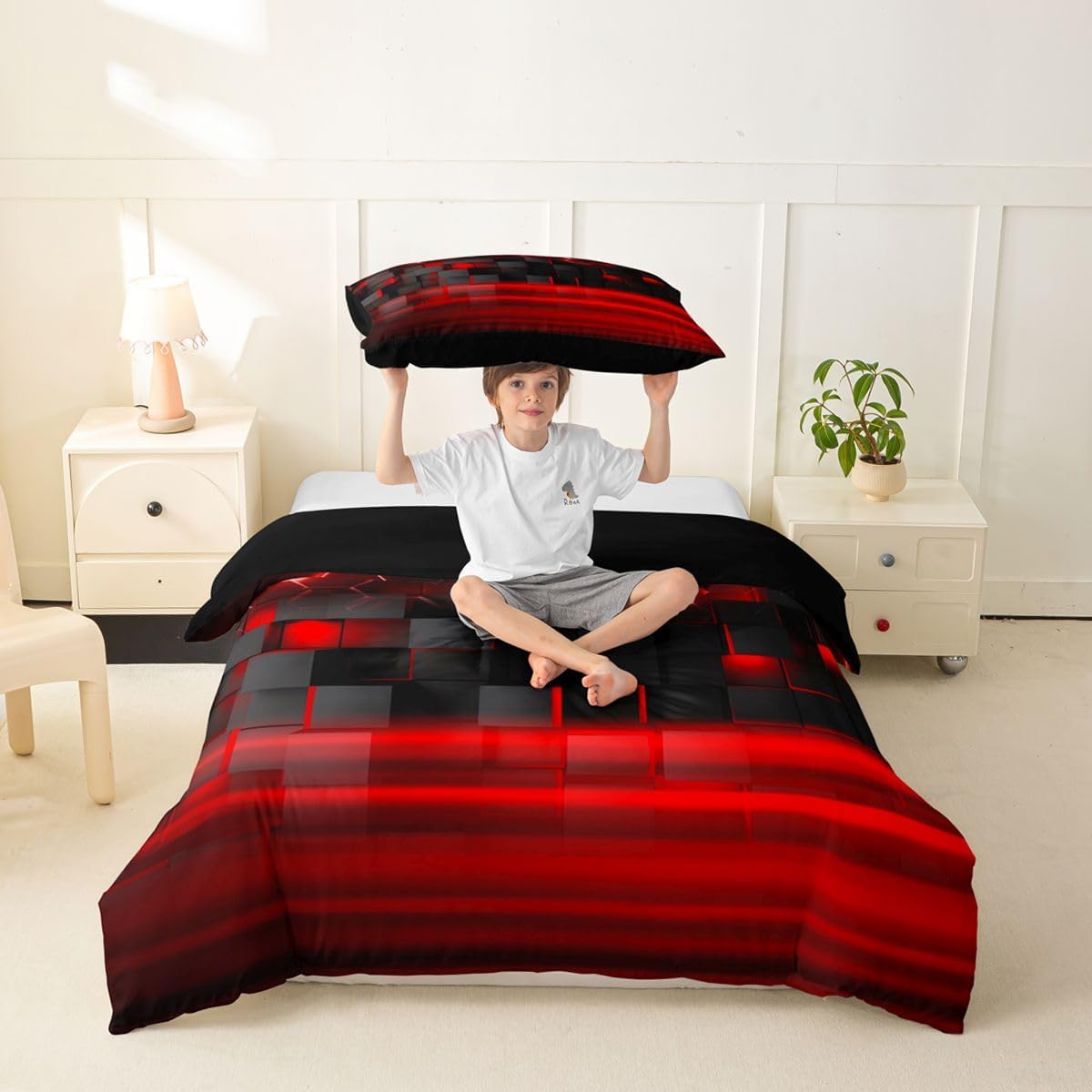 Feelyou Red Duvet Cover Toddler Size Geometric Bedding Set for Boys Girls Modern Abstract Art Comforter Cover Luxury Bedroom Decor 2Pcs Strip Lines