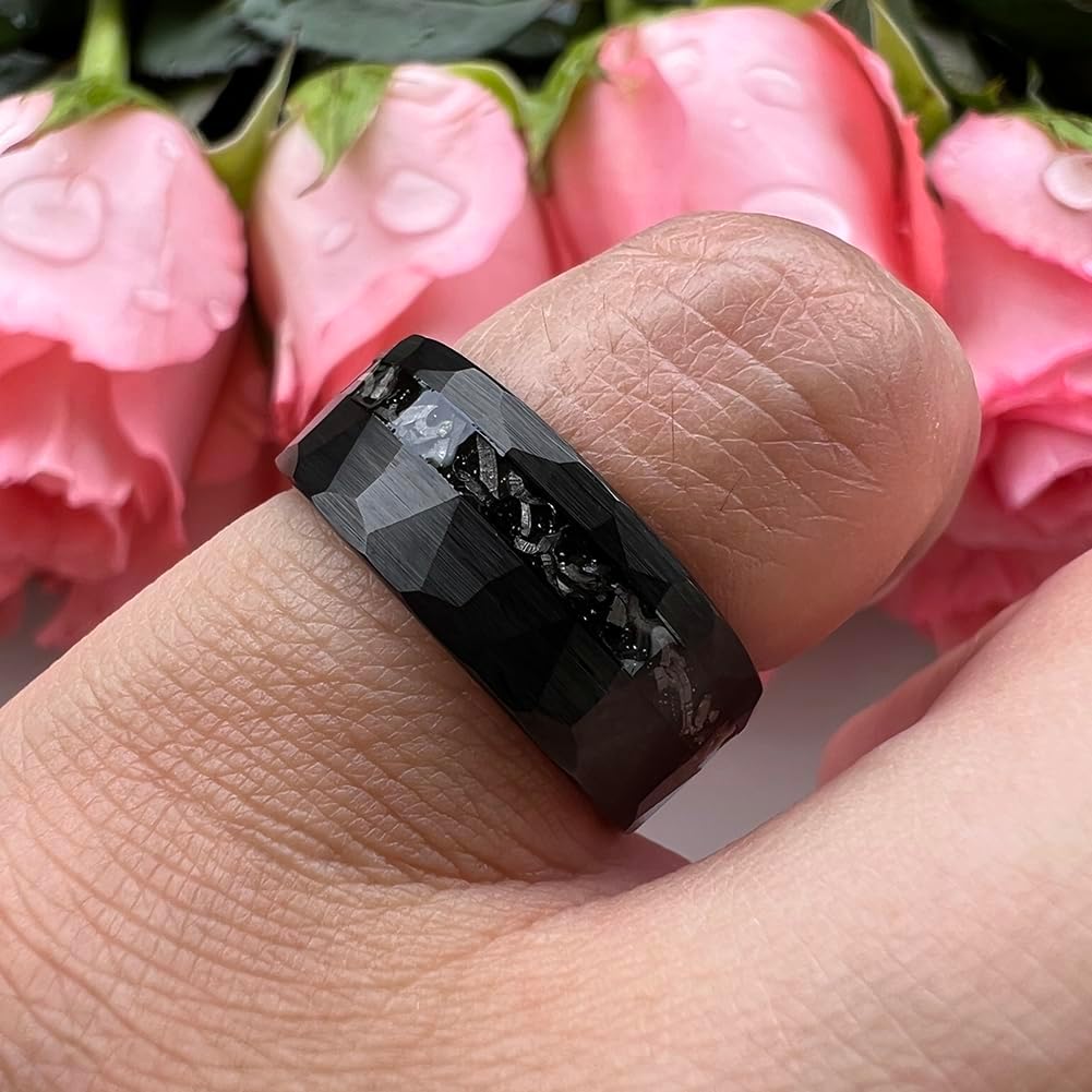 8mm Silver/Black Hammered Tungsten Rings for Men Women Genuine Meteorite Chip Inlay Fashion Jewelry Engagement Wedding Promise Band Matte Brushed Finish Comfort Fit - Image 5
