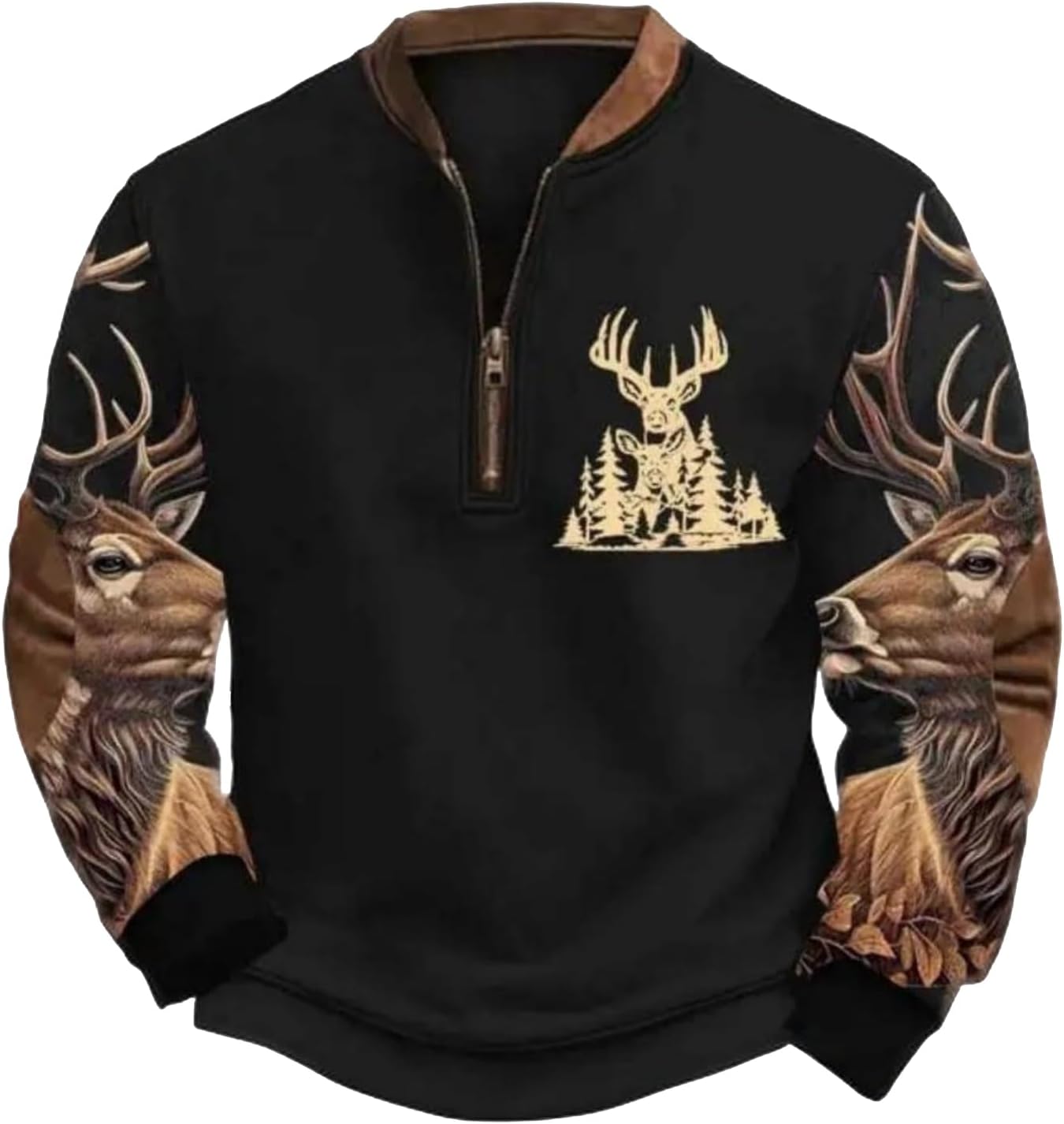 Mens Western Pullover Quarter Zip Big and Tall Aztec Graphic Sweatshirt Retro Stand Collar Long Sleeve Reindeer Sweater