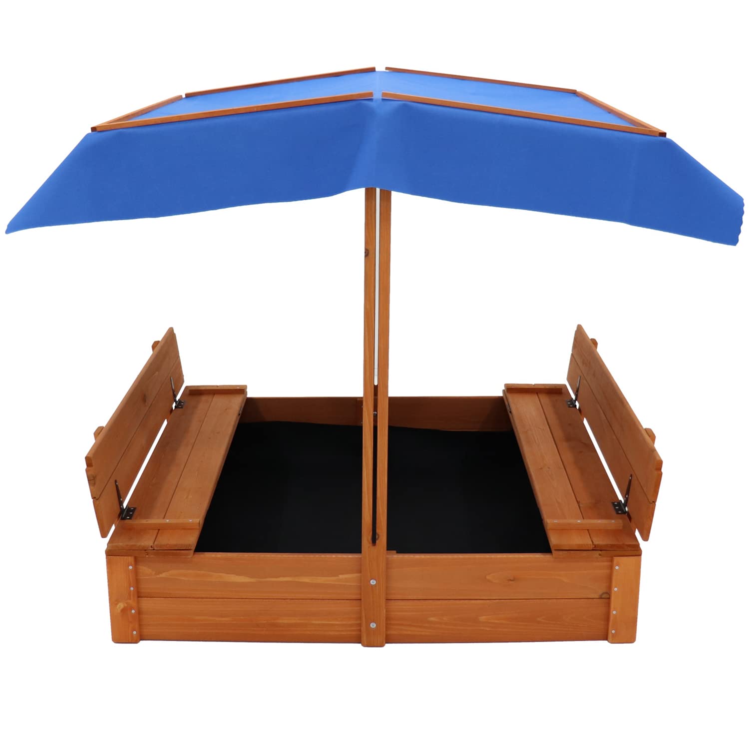 Kids Large Wooden Sandbox, Convertible Cedar Sandbox with Adjustable Canopy & 2 Foldable Bench Seats, Sand Protection, Bottom Liner - Sand Pit for Beach, Garden, Patio, Outdoor (47x47Inch)