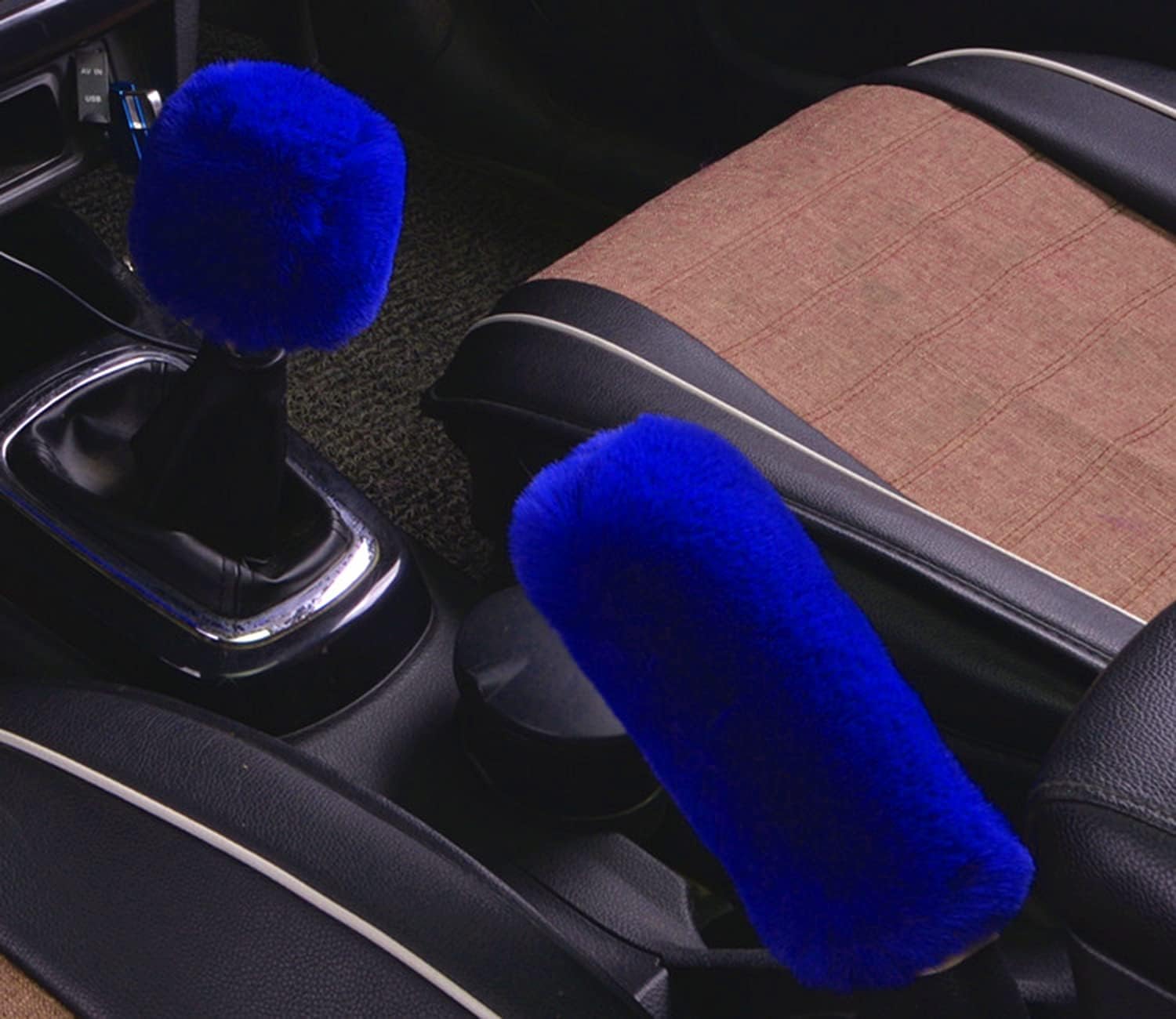 Dotesy 4 Pcs/Set Fluffy Faux Wool Car Steering Wheel Cover & Furry Auto Center Console Cover & Gear Shift Knob Cover & Handbrake Cover Universal Warm Winter (Blue)