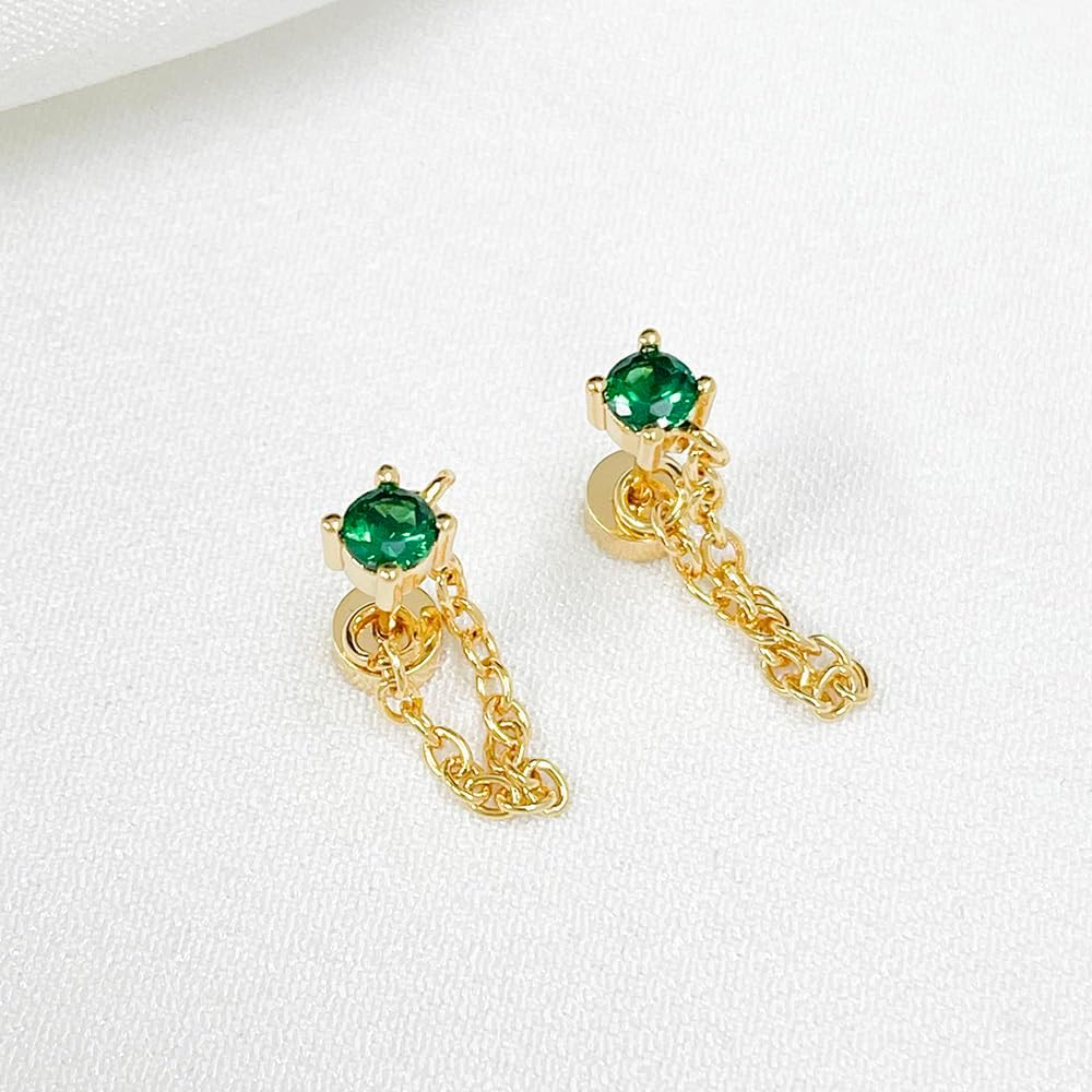 20G Emerald CZ Chain Dangle Cartilage Stud Earrings for Women Stainless Steel Conch Helix Tragus Flat Back Earrings Studs Labret Lip Rings Cartilage Piercing Jewelry - Image 3