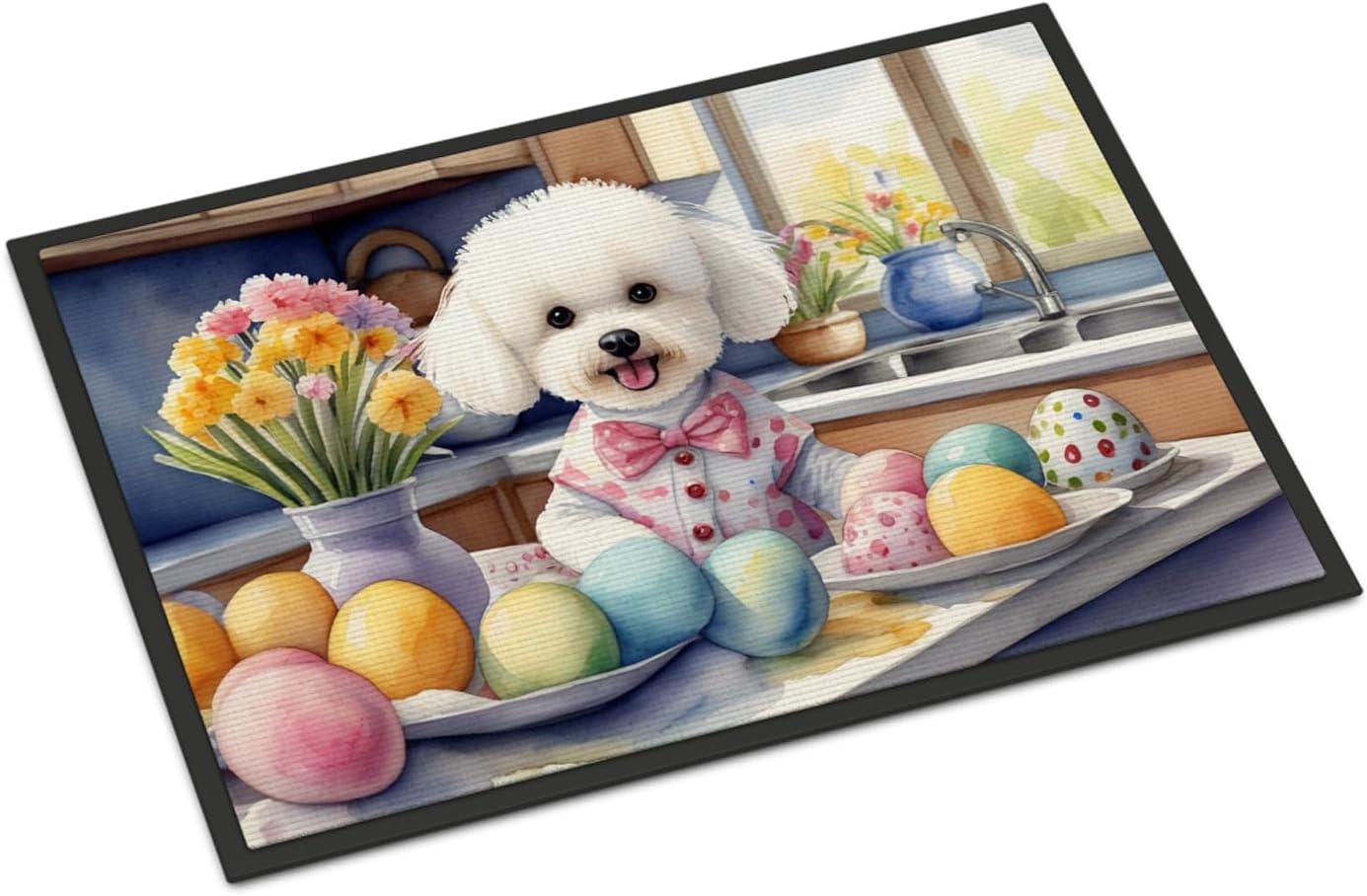 Caroline's Treasures DAC6763JMAT Decorating Easter Bichon Frise Doormat Front Door Mat Indoor Outdoor Rugs for Entryway, Non Slip Washable Low Pile, 24H X 36W