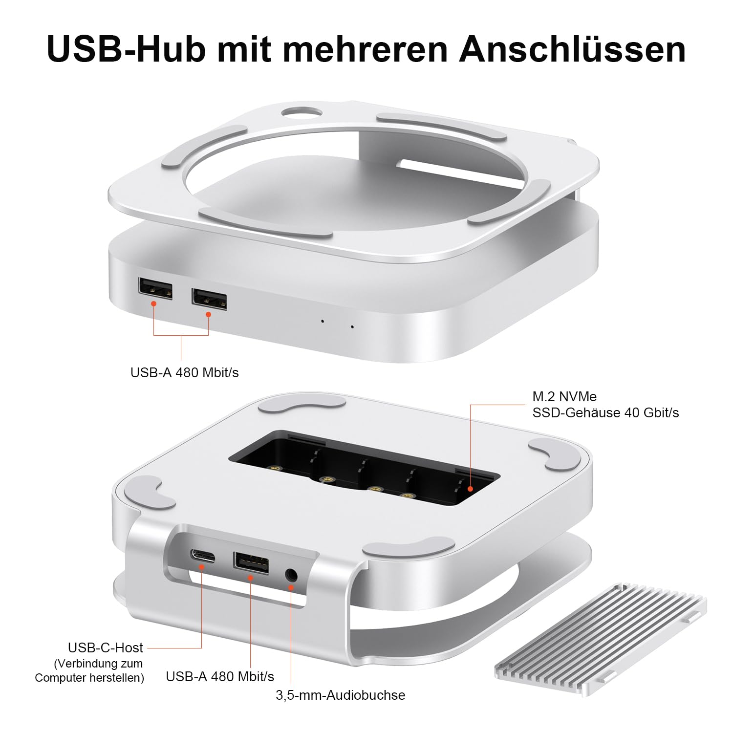 Qwiizlab Mac mini M4/M4 Pro stojak koncentrator z obudową SSD 40 Gb/s USB4 NVMe SSD, host USB-C, 3 USB-A 2.0, dźwięk 3,5 mm, obsługuje M.2 PCIe do 8 TB, kompatybilny z Thunderbolt 4/5