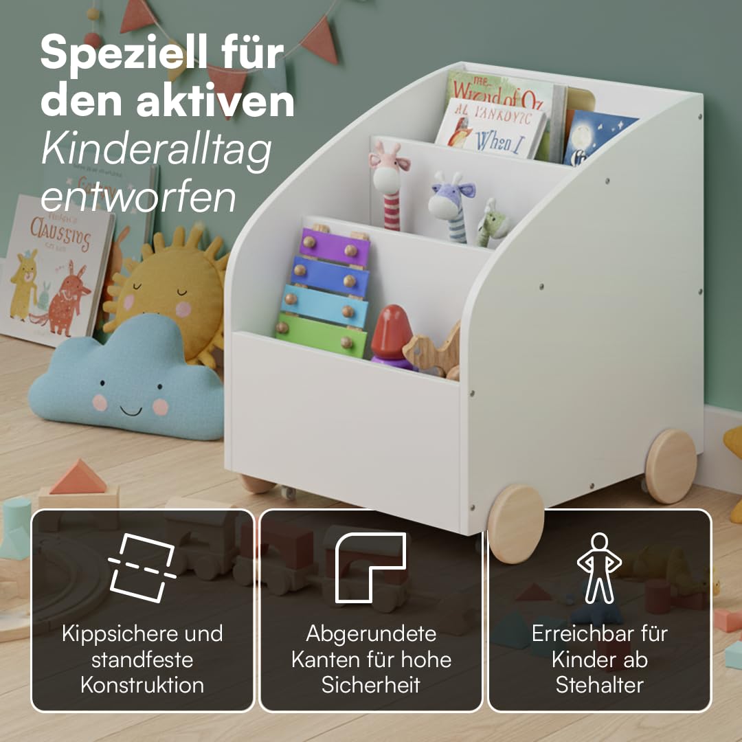 Bellabino Towy Kinderregal – Kinder Bücherregal mit 3 Fächern – Montessori Regal Weiß - Aufbewahrungsregal Kinderzimmer mit Rollen – Spielzeugregal mit Geheimfach – Kinderbücherregal 43x40x43 cm