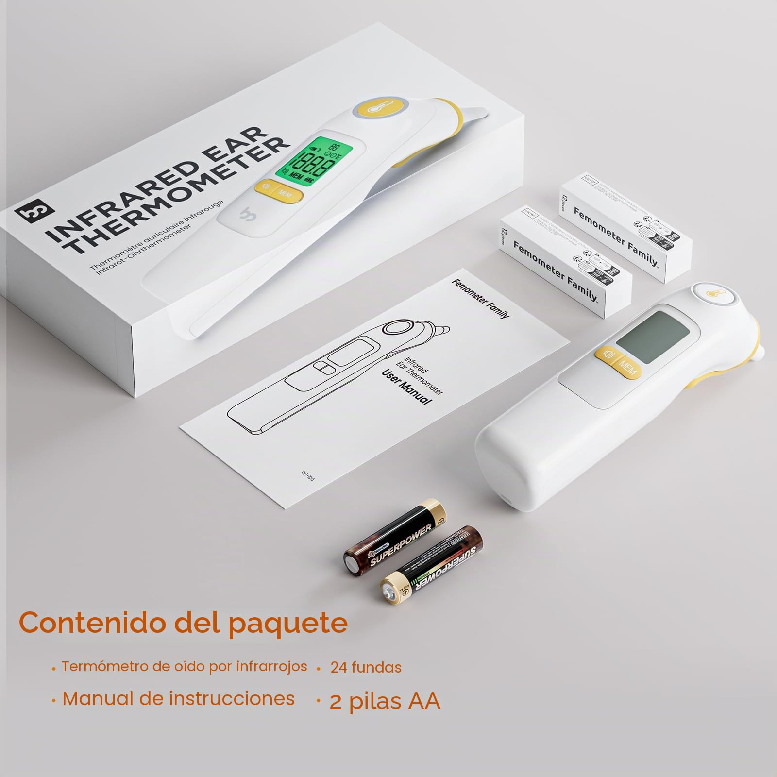 Termómetro de oído, termómetro digital infrarrojo para bebé y adulto, con 24 tapas protectoras desechables (amarillo)