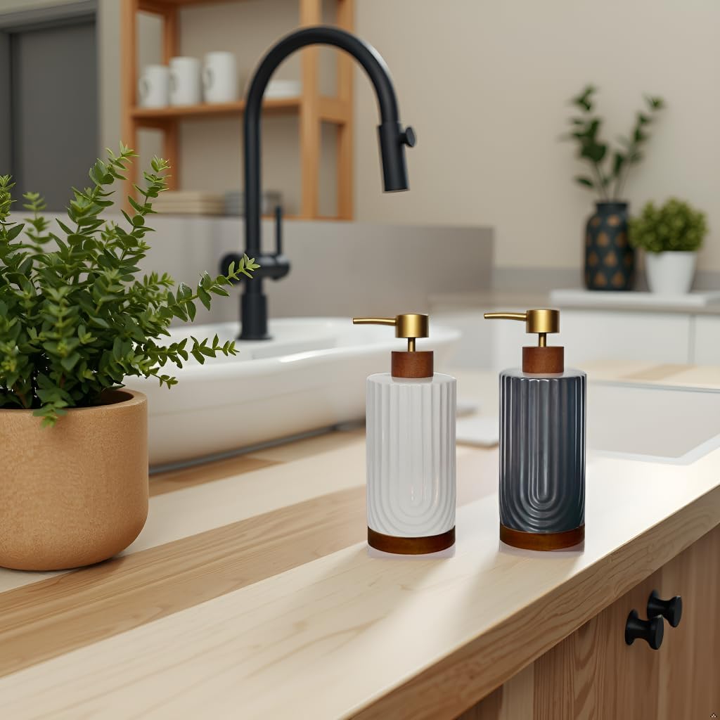 White Soap Dispenser,Ceramic with Wood Hand Soap Dispenser, 16oz Refillable Liquid Bottle, for Modern Home Decor, Bathroom, Kitchen Countertop, Hotel (White)