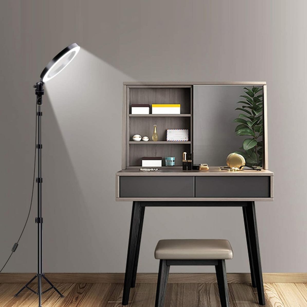Lámpara LED Redonda para Selfie con Trípode y Mango, Negro, Plástico