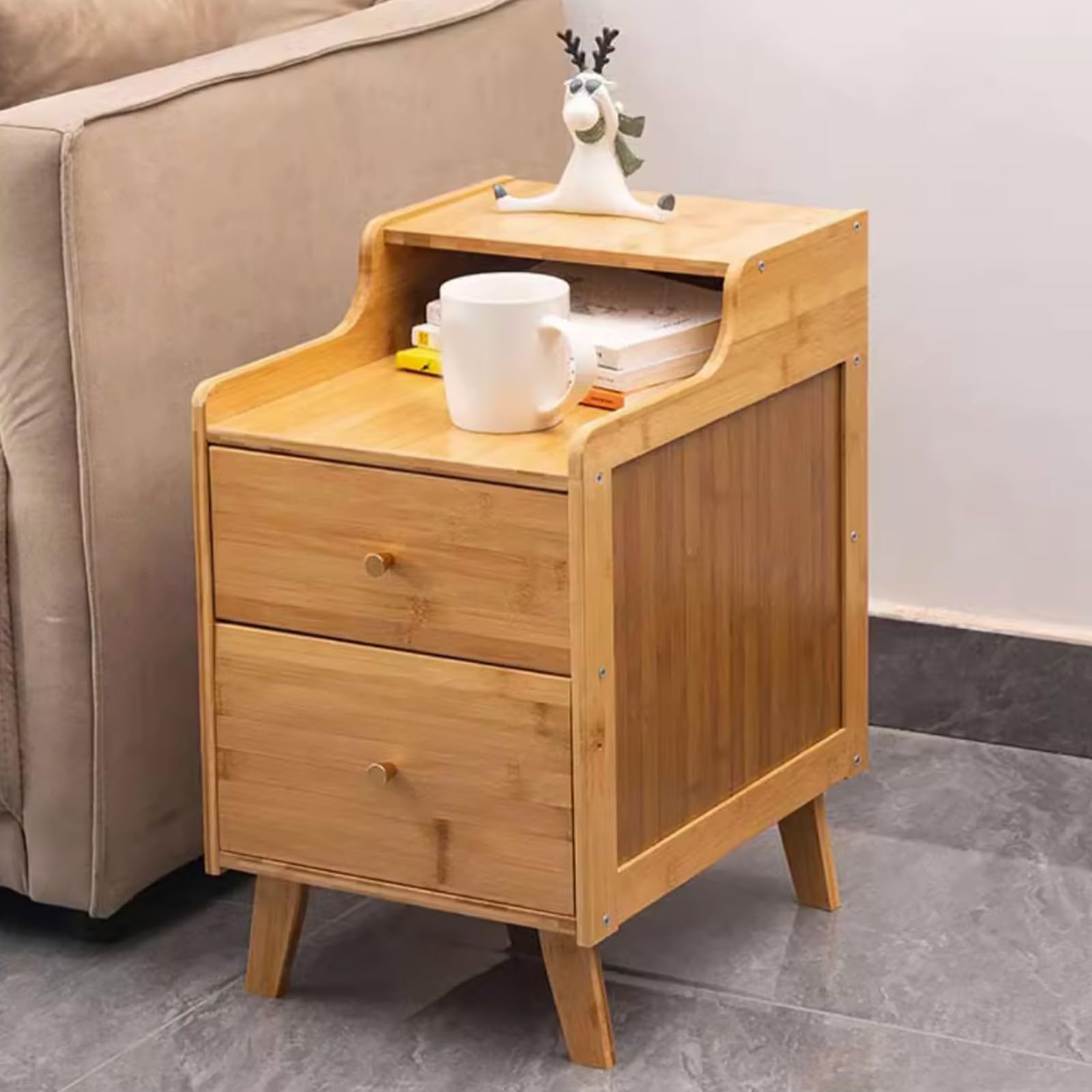 Tavolino Comodino Moderno In Bambù Con Cassetto E Ripiano Aperto | Mobile Multiuso Per Camera Da Letto E Soggiorno - 3