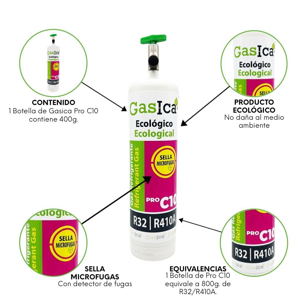 3x Envases GASICA C10 PRO | Gas Refrigerante Orgánico | Alternativa R410A y R32 | Equivalente a 2.4 Kg R410A con válvulas en cada envase para mas usos
