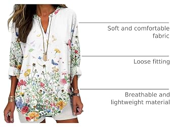 Womens Floral Boho Shirts V Neck Plus Size Tunic Tops 3/4 Long Sleeve T-Shirts for Women Blouses Dressy