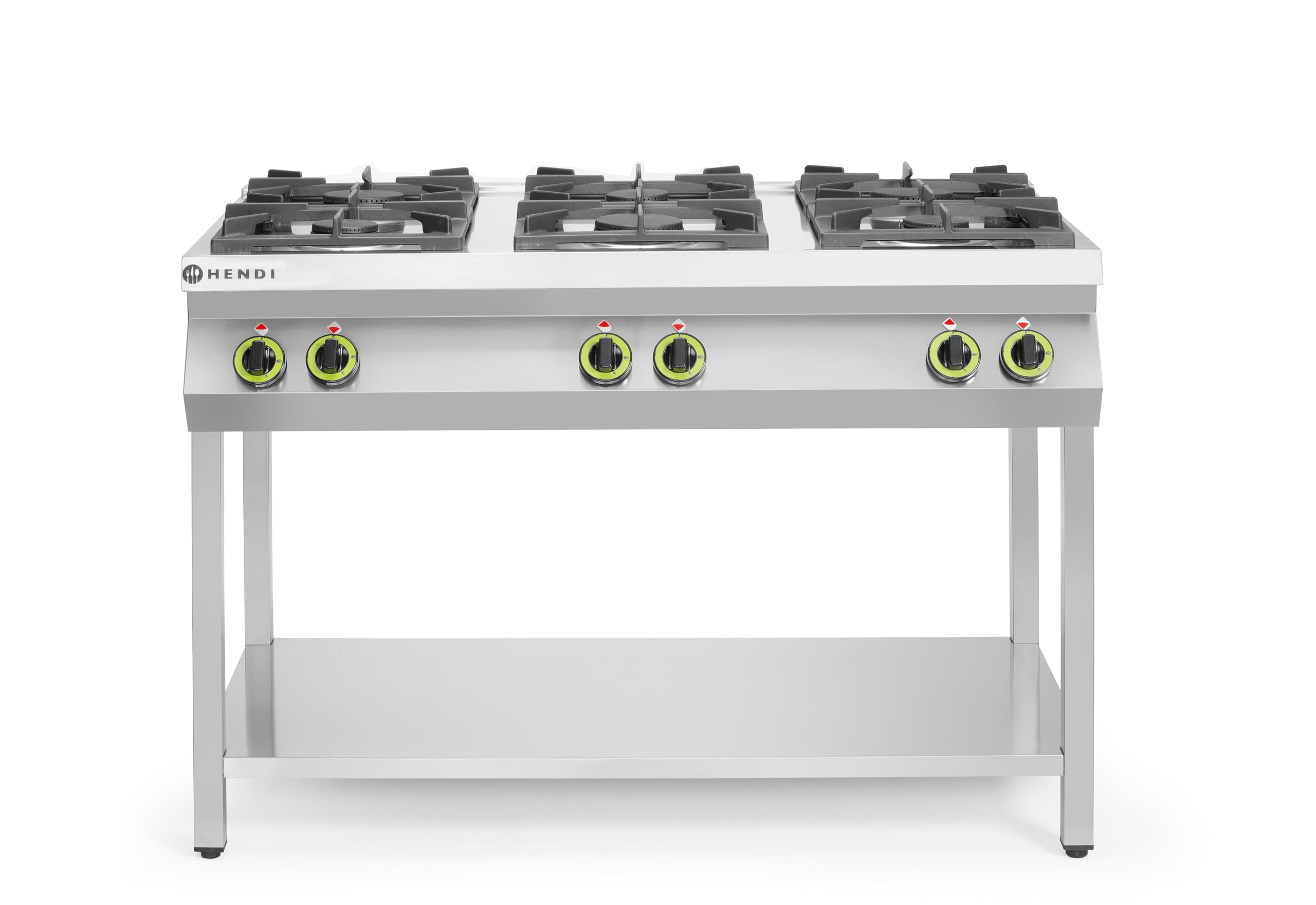 HENDI Fourneau à gaz professionnel, cuisinière avec 6 brûleurs (28,5 kW), structure ouverte avec espace de rangement, pour gaz naturel (kit GPL inclus), 1200x700x(H)900mm, acier inoxydable