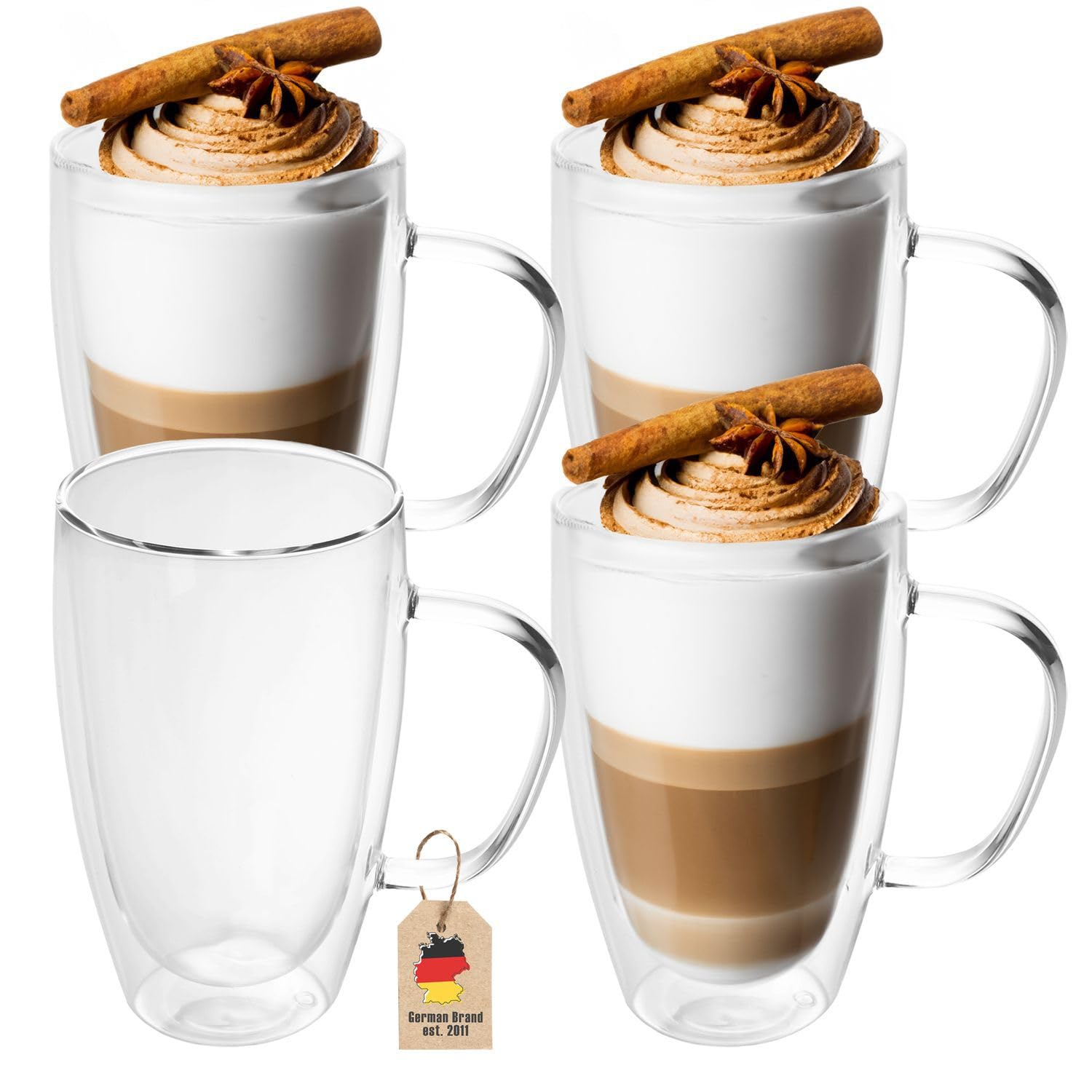 INTIRILIFE 4X Doppelwandige Thermo Gläser Set -400-500ml- Mundgeblasen isoliert für Espresso Cappuccino, Teegläser Kaffeegläser Latte Macchiato Tassen, Schwebeeffekt mit Henkel