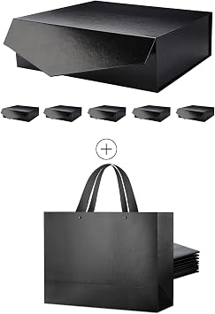PACKHOME 6 Large Gift Boxes with Lids 13.5x9x4.1 Inches with 10 Large Gift Bags 14.5x5x10.5 Inches BLACK