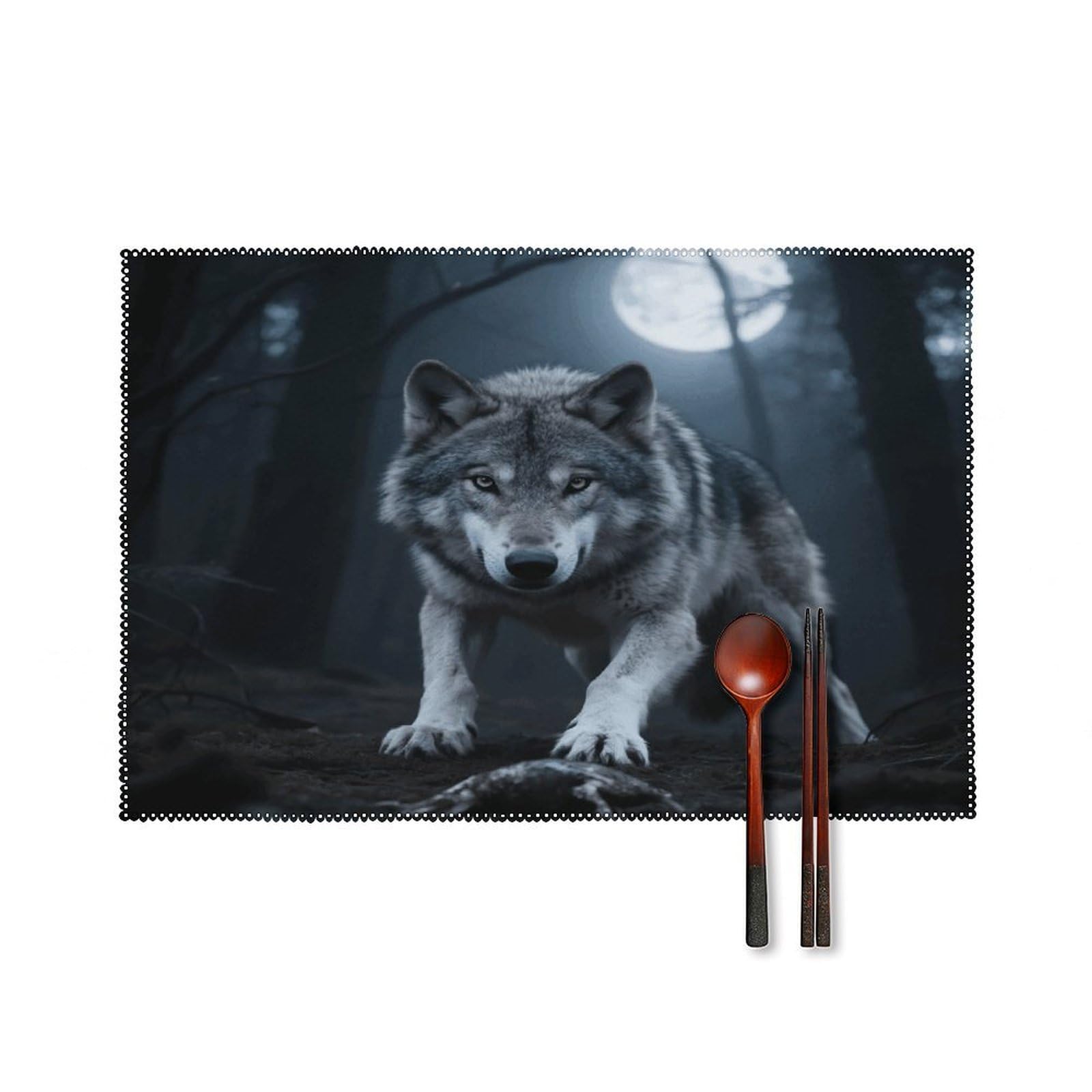 Night Wolf Hunting Placemats Set of 4 Heat Resistant Non-Slip Place Mats for Dining Table Washable Placemat Wipeable Dining Table Mat Canvas Place Mats Dining Table Decor