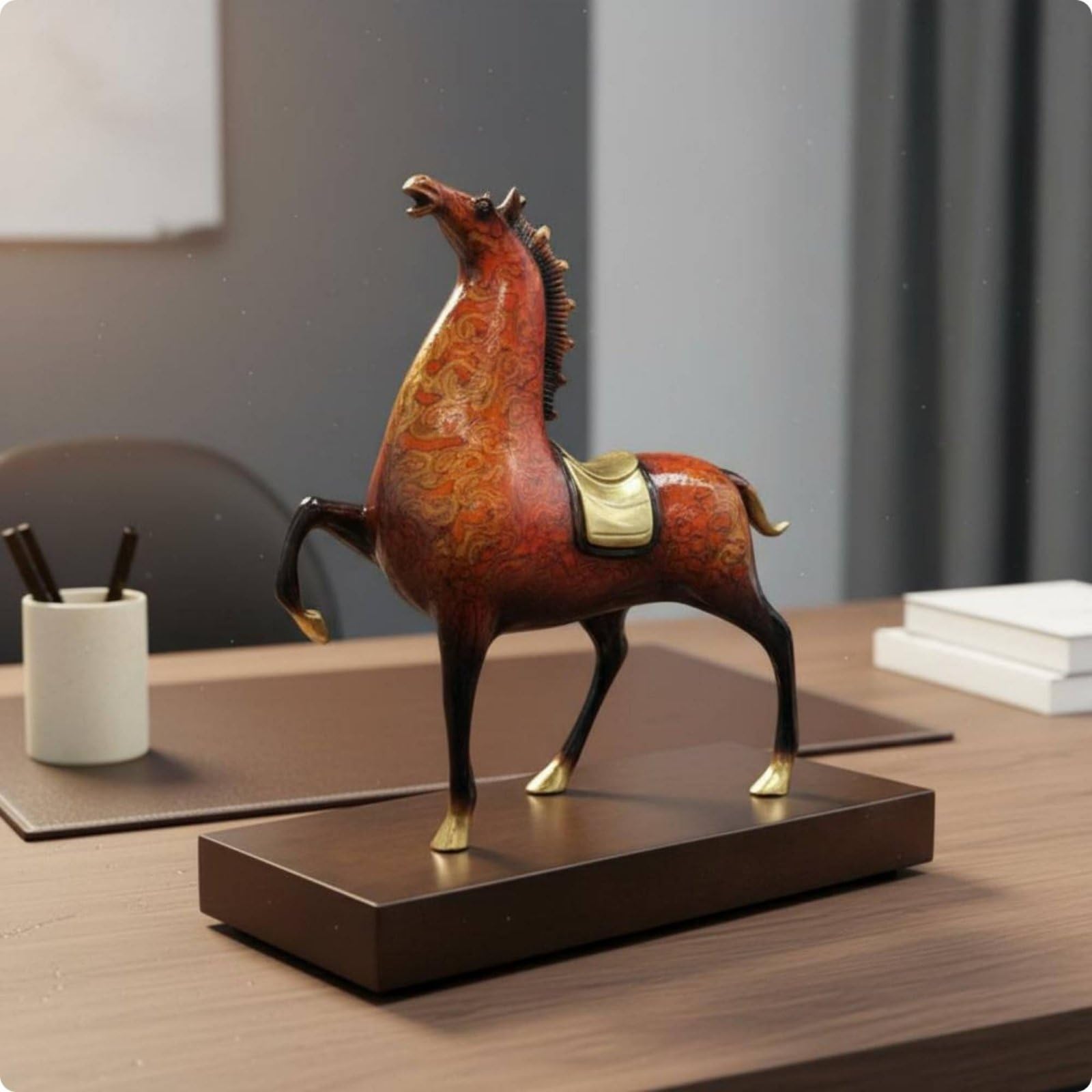 Pferdefigur Bronzefarbene Dekofigur Skulptur Metall Tischskulptur mit Künstlerischem Schwung für Arbeitszimmer, Lackkunst, Königliche Tang-Pferde-Figur, Rot, Klein