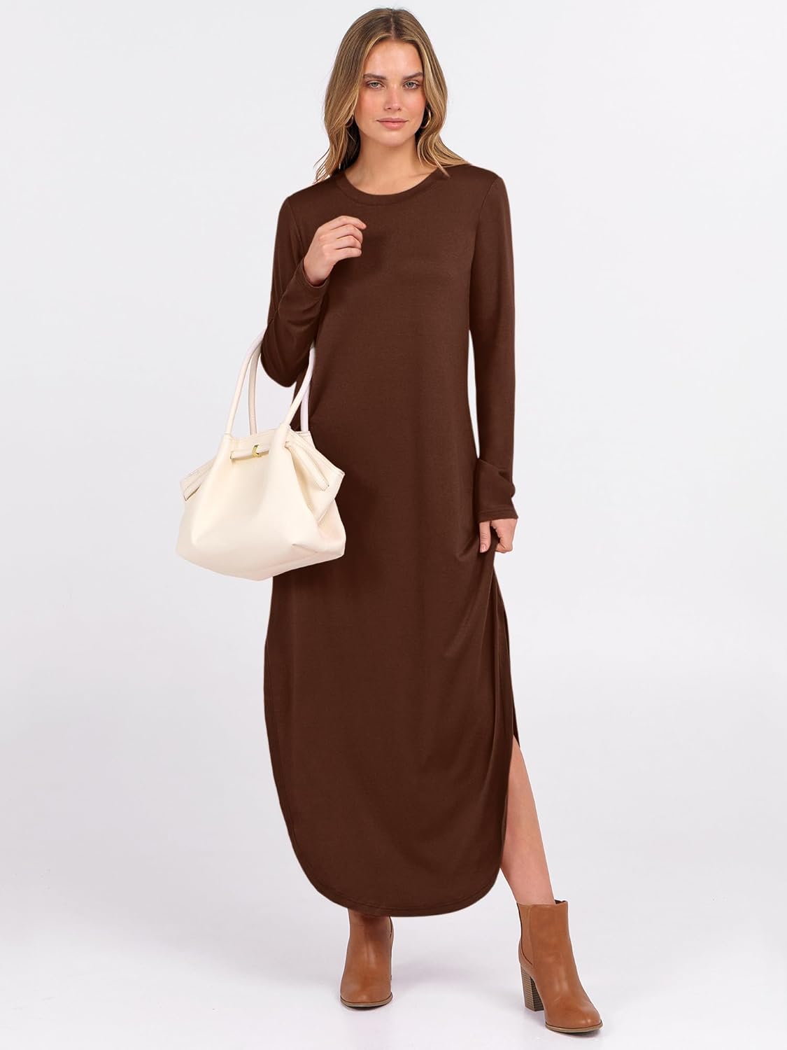 ANRABESS Women's Long Sleeve Maxi Dresses 2025 Fall Outfits Casual Loose Split Travel Vacation T Shirt Dress with Pockets - Image 2