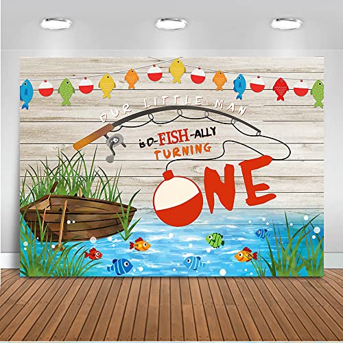 Mocsicka Gone Fishing 1st Birthday Backdrop Boy Ofishally One Birthday Party Decorations Backdrop Fishing First Birthday Party Backdrops Banner Cake Table Decorations (7x5ft)