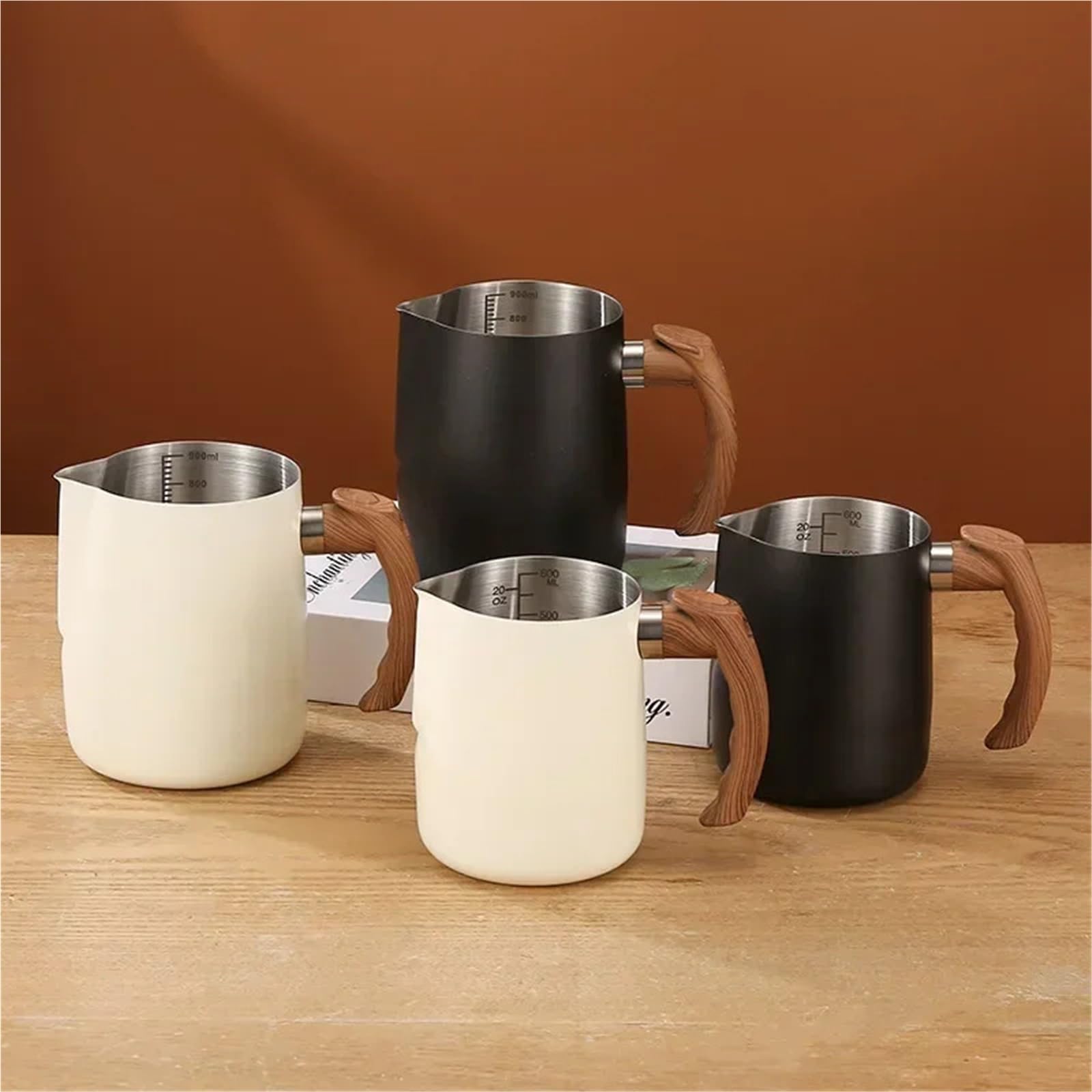Jarra for espumar leche con escala precisa, mango de madera, taza de café Latte de acero inoxidable, 2 uds. Para café(Silver,600ML)