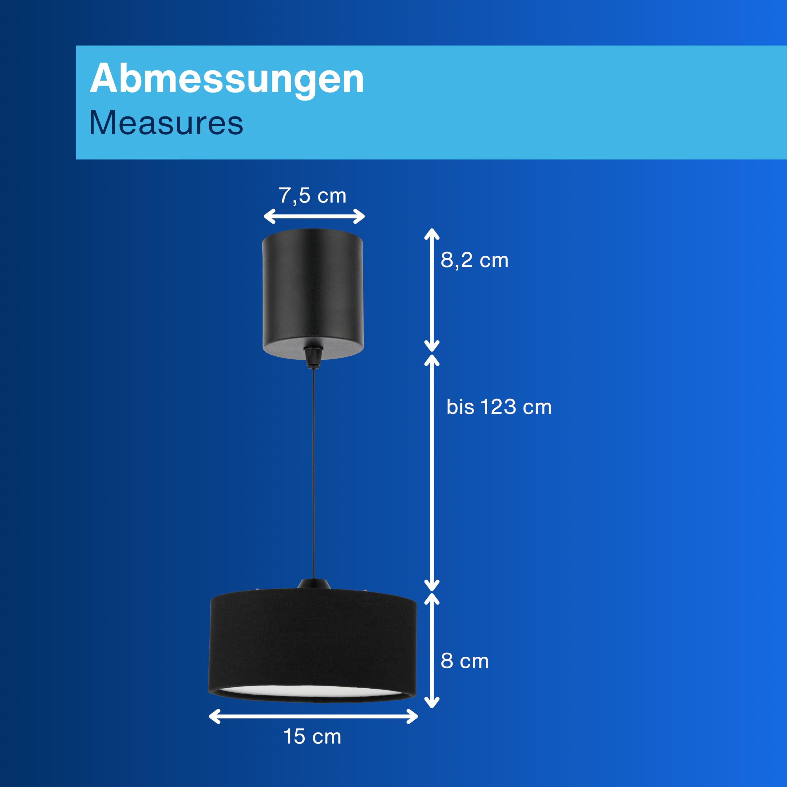 REV Lampa wisząca z akumulatorem – 120 lm, ściemniana, 3 kolory, timer 1-4 h, regulacja wysokości (18-123 cm), lampa wisząca do salonu, pilot zdalnego sterowania, abażur z materiału, czarna