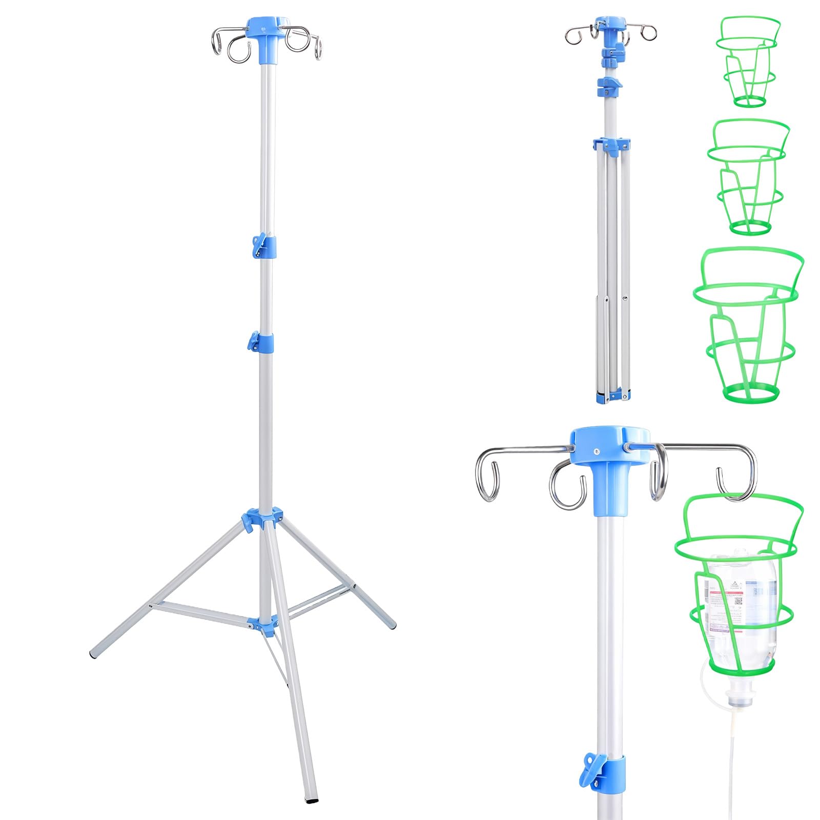 Klappbar Infusionsständer mit 4 Haken und 3 Netzbeuteln IV Ständer Höhenverstellbar von 70-210 cm Tragbarer Aluminiumlegierung Infusion Halterung für Zuhause Pflegeheime Klinikum, Weiß