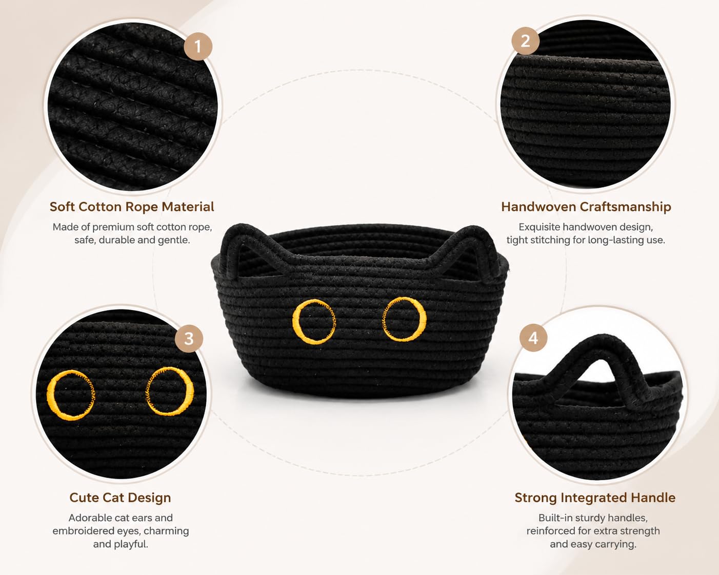 Black Cat Cotton Rope Storage Basket, 8.6 x 4.7 Inches