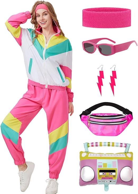 Women's 80s 90s Tracksuit Costume Accessories Set Color Block Sportswear Retro Windbreaker Outfits Fanny Pack Hip Hop Accessories Greenish Print L