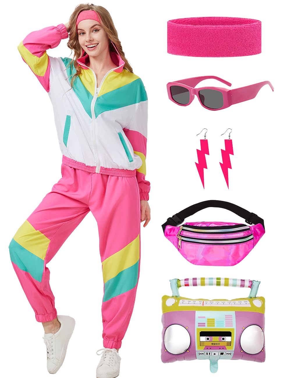 Coseaon 80s Tracksuit for Women Retro Windbreaker Outfit 90s Color Block Sportswear Set with Jacket Sweatpants