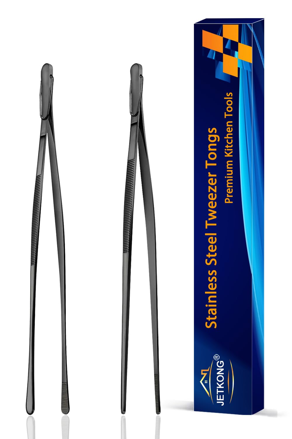 JETKONG 2 Pcs 9-Inch Food Tweezer Tongs, Stainless Steel Kitchen Tweezer Cooking Tweezers (Black)