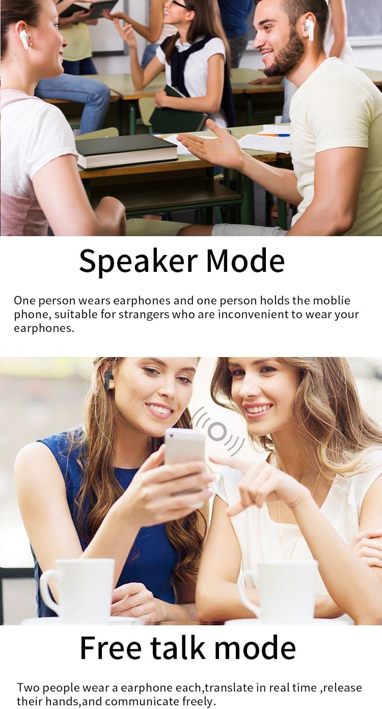 Two students in a classroom setting, one wearing an earbud and the other speaking, illustrating the Speaker Mode.
