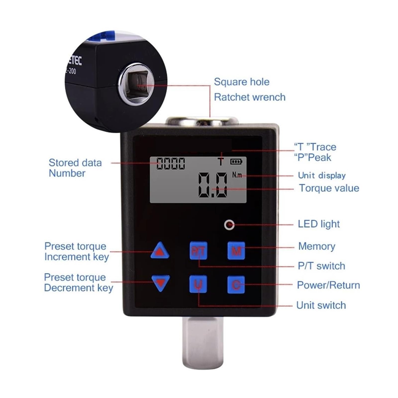 Dinamometrica Digital, Medidor de Torque Digital 0.3-340 NM Adaptador de medidor de Torque Ajustable Llave de torsión electrónica Profesional Herramientas de reparación de inspección(TQA2-030)