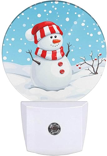 EKOBLA Muñeco de nieve azul con sombrero rojo, luz nocturna de copos de nieve de invierno, luces nocturnas enchufables a la pared, luces LED de