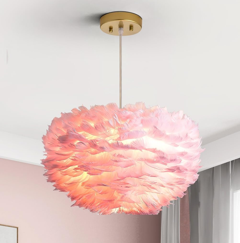 Nordic Feather Chandeliers, 3 Lights Modern Romantic Ceiling Haning Lamp, Pink Creative Art Feather Shade Chandelier, for Girls Room, Bedroom, Living Room, Dining Room, 17.7 inch