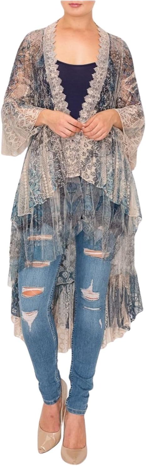 Origami Womens All Lace Flowy Open Front High Low Duster Cardigan