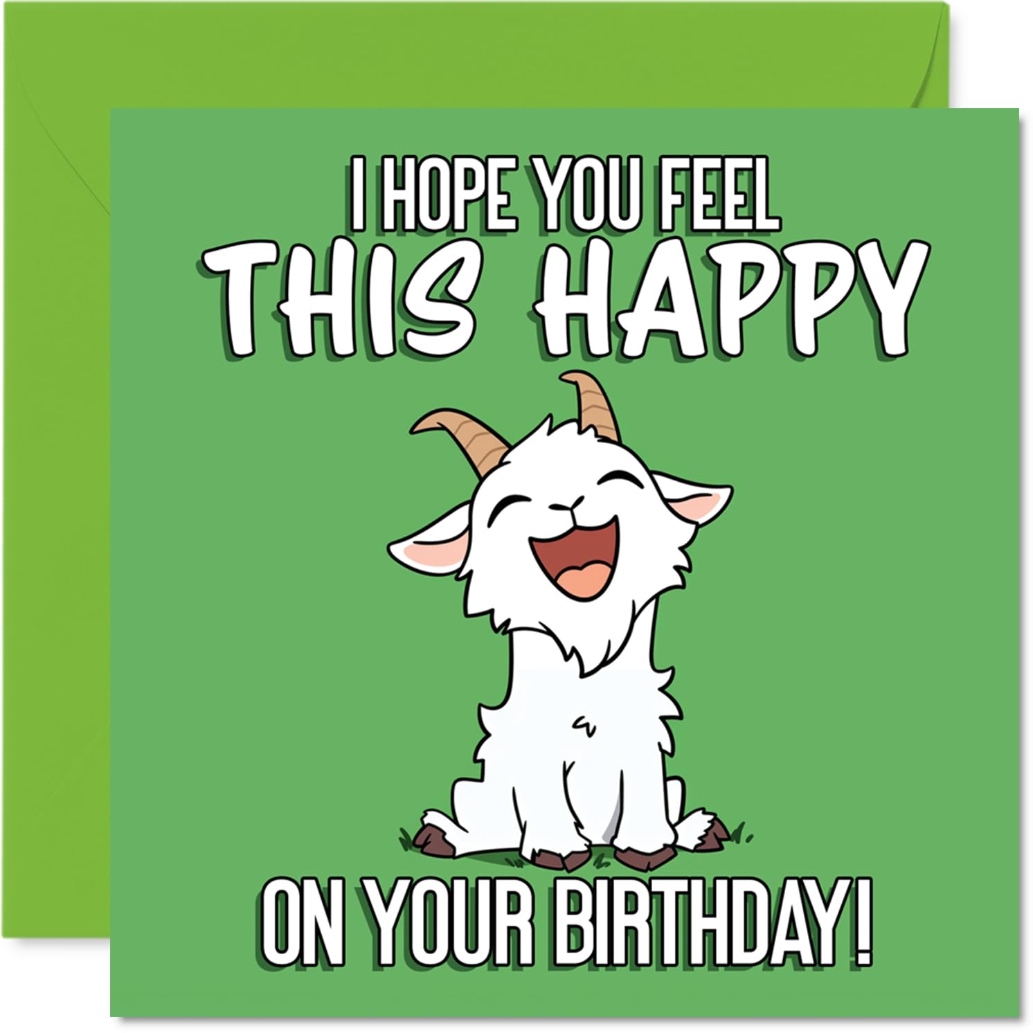Playful Birthday Card - Smiles Guaranteed - Cheery Goat on Vibrant Green - Light-hearted Fun for Their Big Day - 145mm Square, Envelope Included