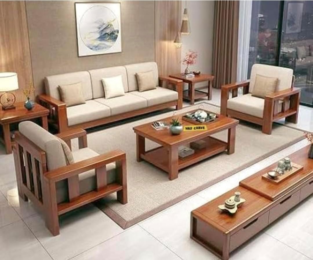 AS Furniture As Arts Solid Sheesham Wooden 5 Seater Sofa Set For Living Room|Sofa Set|Fabric 3 + 1 + 1 With Honey Finish For Living Room|Fabric 3 + 1 + 1 Honey Sofa Set| 5- To 6-Person Sofa, Brown