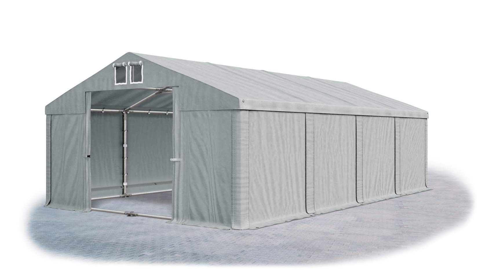 Lagerzelt 4x8m wasserdicht mit Bodenrahmen und Dachverstärkung grau Zelt 560g/m² PVC Plane hochwertig Zelthalle Summer Plus SD - Faltpavillon - Gartenpavillon - Pavillon