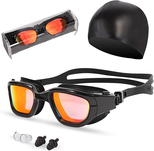 Miniatura 11 de Gafas de natación, gafas para adultos con gorro de natación, clip de nariz y tapones para los oídos, protección UV, lente antivaho y funda para