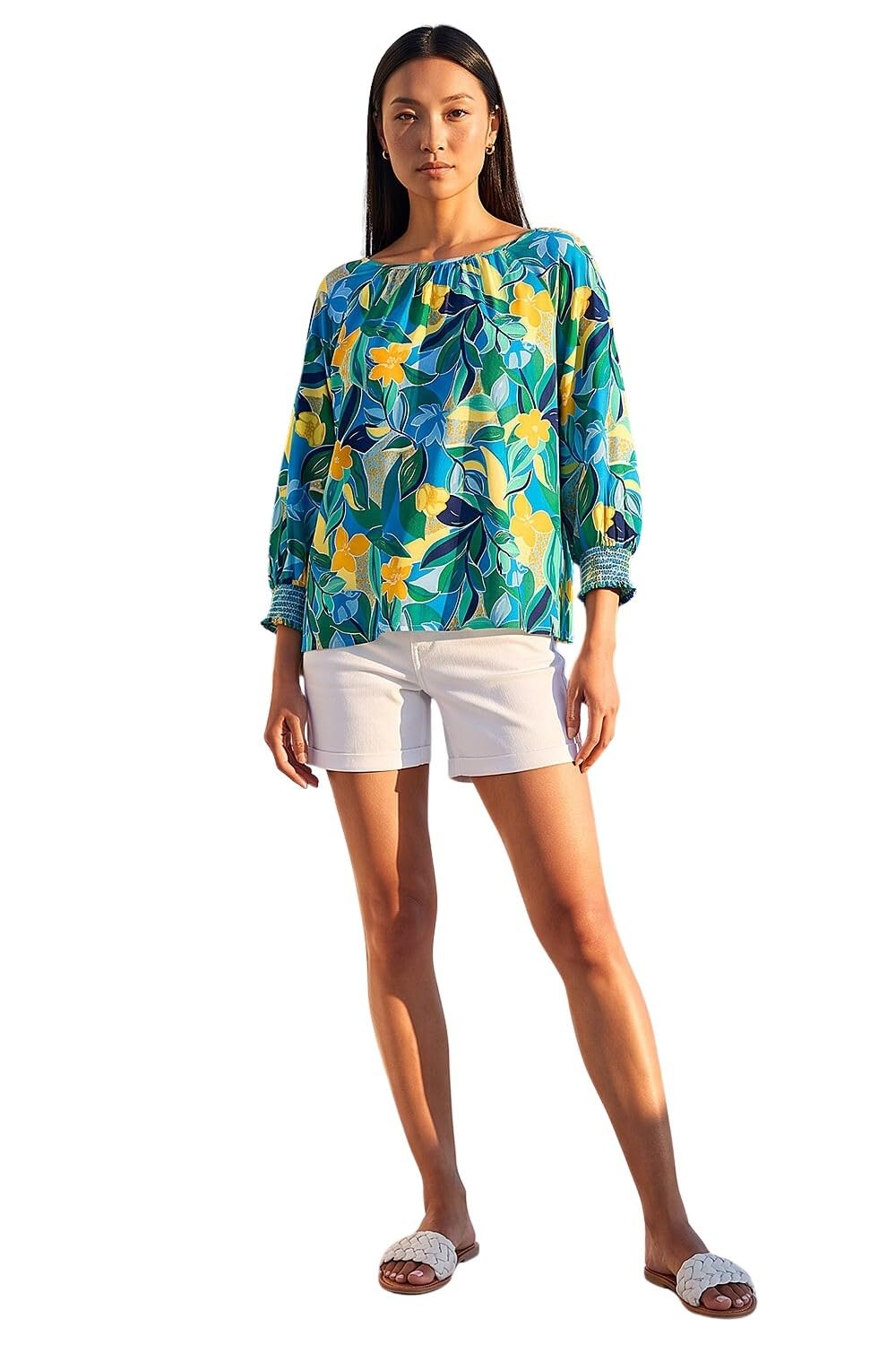 Roman Originals Leaf Print 3/4 Sleeve Top for Women UK - Ladies Everyday Holiday Spring Summer Square Neckline Comfy Soft Evening Vacation Work Party - Blue - Size 14