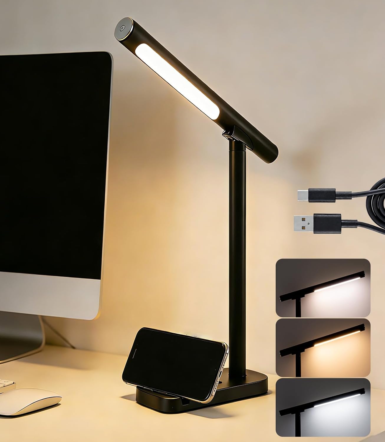 Vitoki LED Desk Lamp for Home Office with Magnetic Detachable, Eye-Caring Reading Light with Phone Stand 3 Color Mode, 5-Level Dimmable, Rechargeable Table Lamp Night Lights for Bedroom Study Bedside