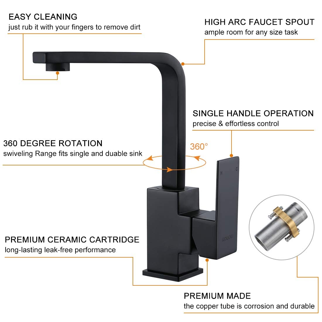 WOWOW Single Hole Bar Faucet Black Prep Sink Faucet Single Handle Mini Bar Tap with Water Supply Hose — view 4