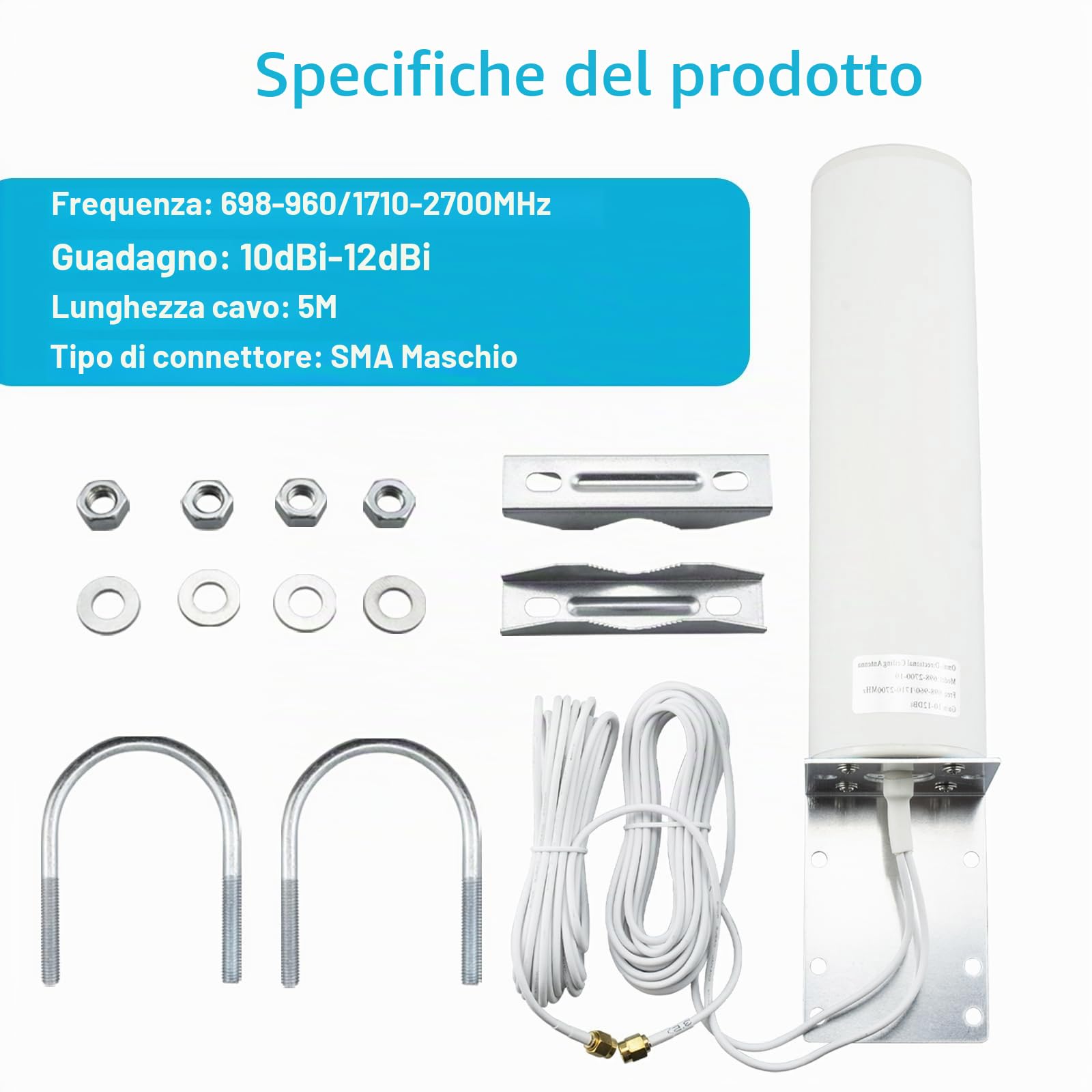 Antenna 4G Esterna 10DBi Dual SMA Maschio RG174 5M Cavo WiFi ad Alto Guadagno 3G 4G LTE Omnidirezionale per Router 5GLTE Hotspot Wireless