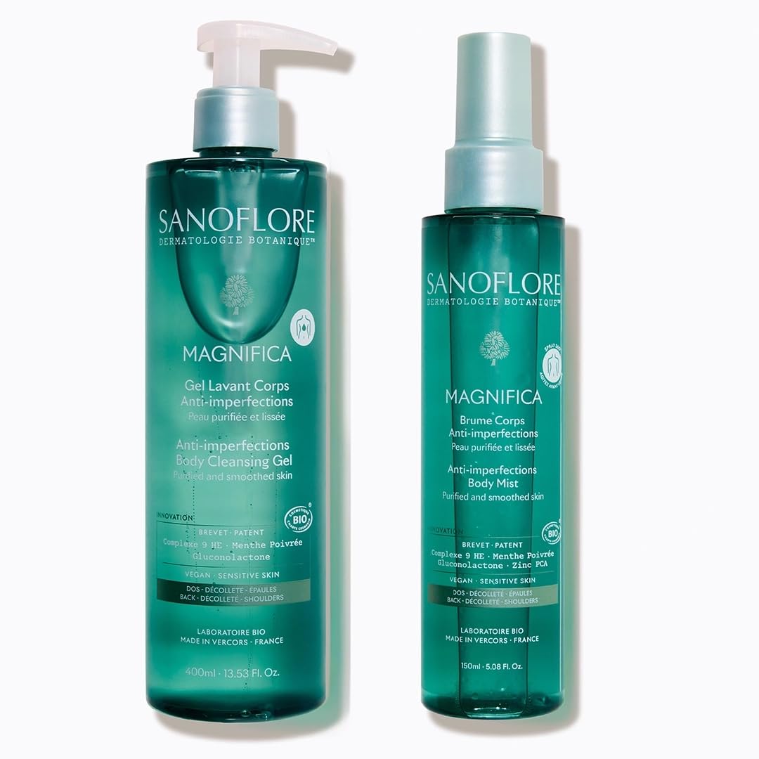 SANOFLORE MAGNIFICA Duo Corps Anti-Imperfections Bio – Gel Lavant 400ml + Brume Corps 150ml – Purifie, Lisse & Hydrate - Dos, Décolleté & Fesses – PHA & 9 Huiles Essentielles Bio – Vegan