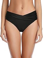 TemptMe Women's Twist Ruched Bikini Bottoms - High Cut V-Shape Moderate Cheeky Coverage Swimsuit